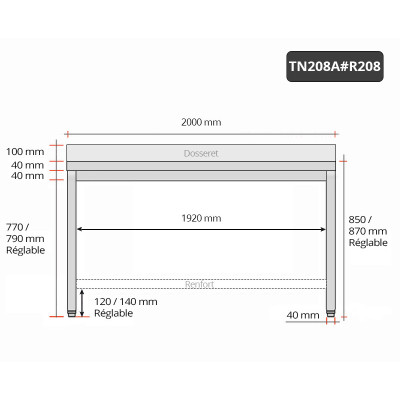 Table inox 2000 x 800 mm adossée avec renfort / GOLDINOX Table inox 2000 x 800 mm adossée avec renfort / GOLDINOX