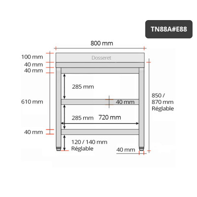Table inox 800 x 800 mm adossée avec 2 étagères / GOLDINOX Table inox 800 x 800 mm adossée avec 2 étagères / GOLDINOX
