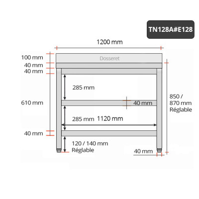 Table inox 1200 x 800 mm adossée avec 2 étagères / GOLDINOX Table inox 1200 x 800 mm adossée avec 2 étagères / GOLDINOX