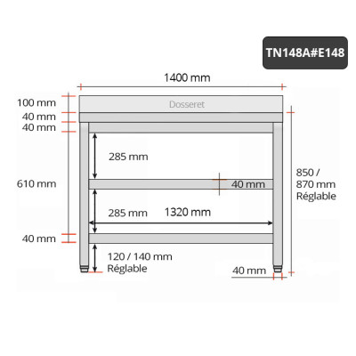 Table inox 1400 x 800 mm adossée avec 2 étagères / GOLDINOX Table inox 1400 x 800 mm adossée avec 2 étagères / GOLDINOX