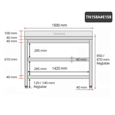 Table inox 1500 x 800 mm adossée avec 2 étagères / GOLDINOX Table inox 1500 x 800 mm adossée avec 2 étagères / GOLDINOX