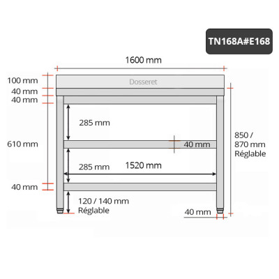 Table inox 1600 x 800 mm adossée avec 2 étagères / GOLDINOX Table inox 1600 x 800 mm adossée avec 2 étagères / GOLDINOX