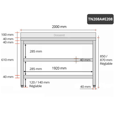 Table inox 2000 x 800 mm adossée avec 2 étagères / GOLDINOX Table inox 2000 x 800 mm adossée avec 2 étagères / GOLDINOX