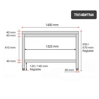 Table inox soubassement 1400 x 800 mm / GOLDINOX Table inox soubassement 1400 x 800 mm / GOLDINOX