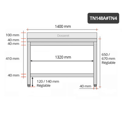 Table inox soubassement 1400 x 800 mm adossée / GOLDINOX Table inox soubassement 1400 x 800 mm adossée / GOLDINOX