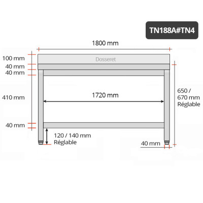 Table inox soubassement 1800 x 800 mm adossée / GOLDINOX Table inox soubassement 1800 x 800 mm adossée / GOLDINOX