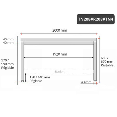 Table inox soubassement 2000 x 800 mm avec renfort / GOLDINOX Table inox soubassement 2000 x 800 mm avec renfort / GOLDINOX