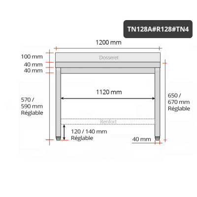 Table inox soubassement 1200 x 800 mm adossée avec renfort / GOLDINOX Table inox soubassement 1200 x 800 mm adossée avec renfort / GOLDINOX