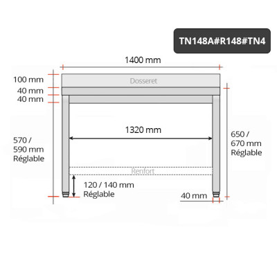 Table inox soubassement 1400 x 800 mm adossée avec renfort / GOLDINOX Table inox soubassement 1400 x 800 mm adossée avec renfort / GOLDINOX