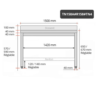 Table inox soubassement 1500 x 800 mm adossée avec renfort / GOLDINOX Table inox soubassement 1500 x 800 mm adossée avec renfort / GOLDINOX