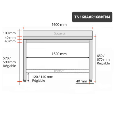 Table inox soubassement 1600 x 800 mm adossée avec renfort / GOLDINOX Table inox soubassement 1600 x 800 mm adossée avec renfort / GOLDINOX