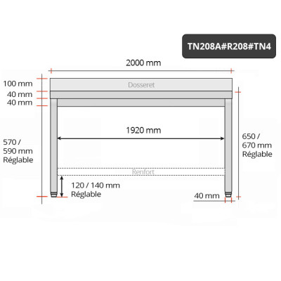 Table inox soubassement 2000 x 800 mm adossée avec renfort / GOLDINOX Table inox soubassement 2000 x 800 mm adossée avec renfort / GOLDINOX