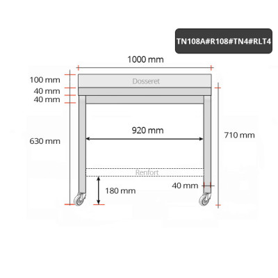 Table inox soubassement 1000 x 800 mm adossée avec renfort sur roulettes / GOLDINOX Table inox soubassement 1000 x 800 mm adossée avec renfort sur roulettes / GOLDINOX
