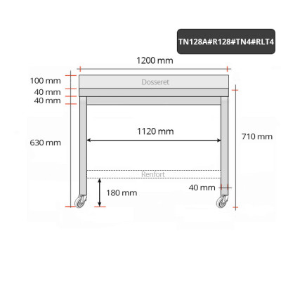 Table inox soubassement 1200 x 800 mm adossée avec renfort sur roulettes / GOLDINOX Table inox soubassement 1200 x 800 mm adossée avec renfort sur roulettes / GOLDINOX