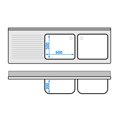 Plonge inox 2 bacs - 2000 x 600 mm égouttoir gauche PREMIUM / GOLDINOX Plonge inox 2 bacs - 2000 x 600 mm égouttoir gauche PREMIUM / GOLDINOX