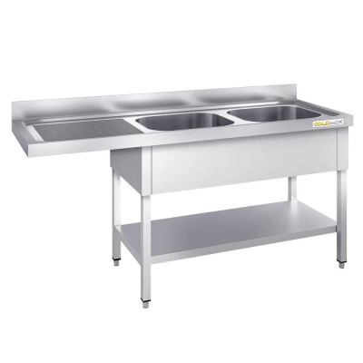 Plonge lave-vaisselle inox 2 bacs - 2000 x 700 mm égouttoir gauche PREMIUM / GOLDINOX Plonge lave-vaisselle inox 2 bacs - 2000 x 700 mm égouttoir gauche PREMIUM / GOLDINOX