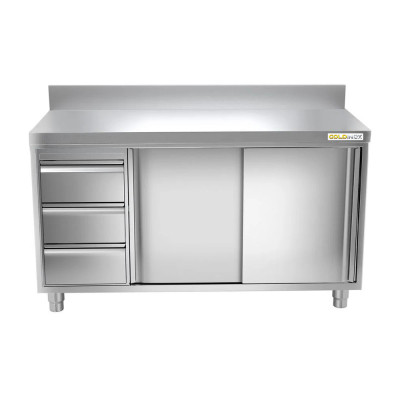 Meuble bas inox 2000 x 700 mm adossée avec 3 tiroirs gauche PREMIUM / GOLDINOX Meuble bas inox 2000 x 700 mm adossée avec 3 tiroirs gauche PREMIUM / GOLDINOX