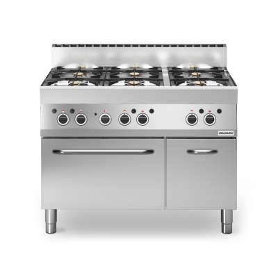 Cuisinière à gaz 6 brûleurs (25,8 kW) sur four électrique à convection (3,96 kW) PREMIUM / GOLDINOX