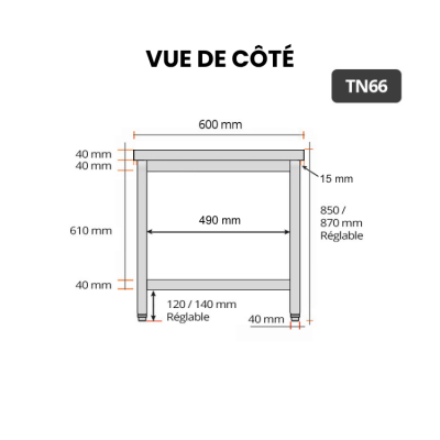 Table de travail en inox 600 x 600 mm PREMIUM / GOLDINOX