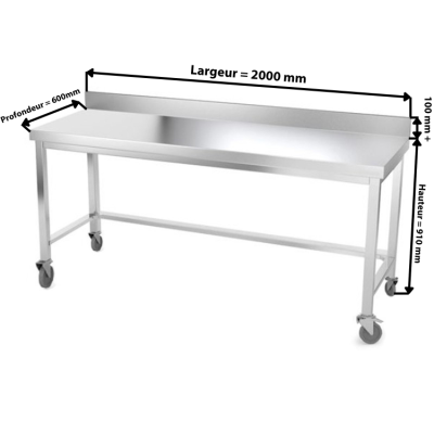 Table inox 2000 x 600 mm adossée avec renfort sur roulettes / GOLDINOX