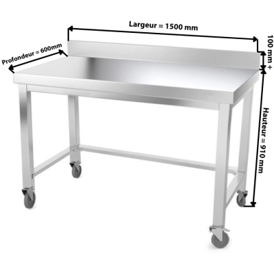 Table inox 1500 x 600 mm adossée avec renfort sur roulettes / GOLDINOX