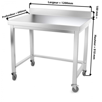Table inox 1200 x 600 mm adossée avec renfort sur roulettes / GOLDINOX