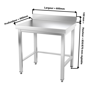 Table inox 600 x 600 mm adossée avec renfort PREMIUM / GOLDINOX