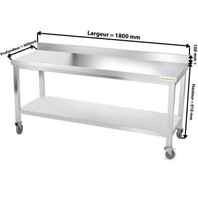 Table inox 1800 x 600 mm adossée sur roulettes PREMIUM / GOLDINOX