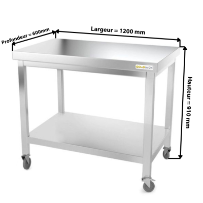 Table inox 1200 x 600 mm sur roulettes PREMIUM / GOLDINOX