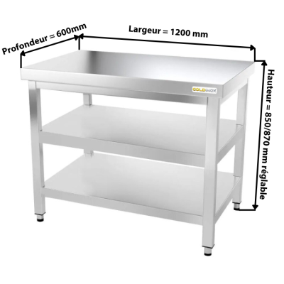Table inox 1200 x 600 mm avec 2 étagères / GOLDINOX