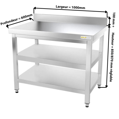 Table inox 1000 x 600 mm adossée avec 2 étagères / GOLDINOX