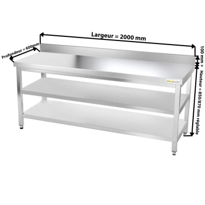 Table inox 2000 x 600 mm adossée avec 2 étagères / GOLDINOX