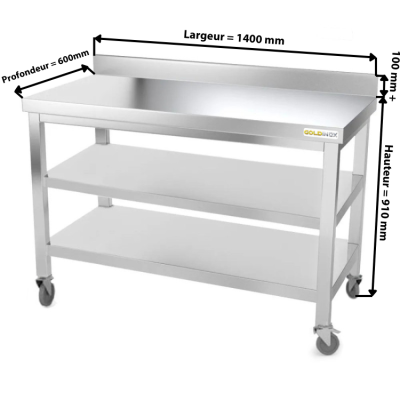 Table inox 1400 x 600 mm adossée avec 2 étagères sur roulettes / GOLDINOX