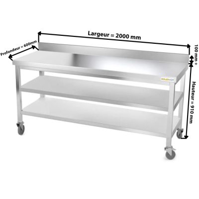 Table inox 2000 x 600 mm adossée avec 2 étagères sur roulettes / GOLDINOX