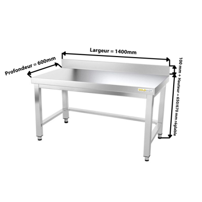 Table inox soubassement 1400 x 600 mm adossée avec renfort / GOLDINOX 