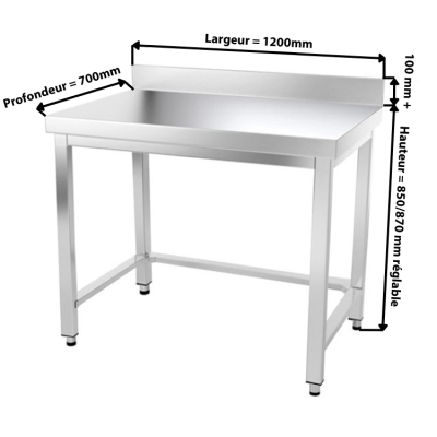 Table inox 1200 x 700 mm adossée avec renfort / GOLDINOX 