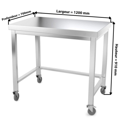 Table inox 1200 x 700 mm avec renfort sur roulettes / GOLDINOX