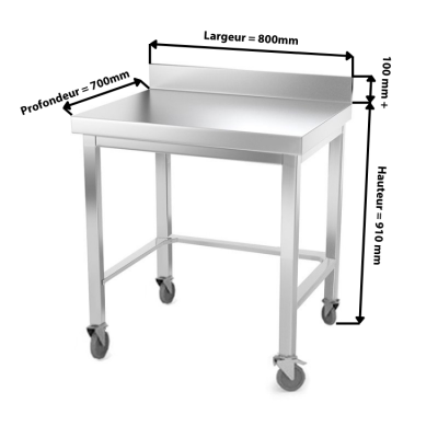 Table inox 800 x 700 mm adossée avec renfort sur roulettes / GOLDINOX