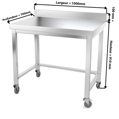Table inox 1000 x 700 mm adossée avec renfort sur roulettes / GOLDINOX