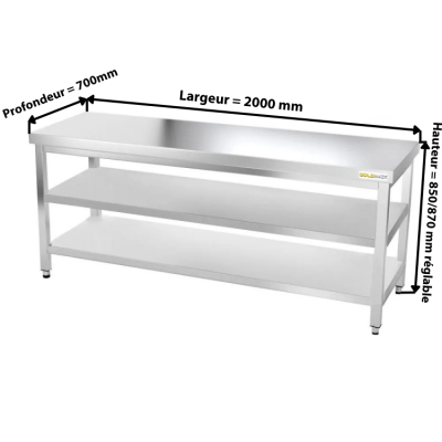 Table inox 2000 x 700 mm avec 2 étagères / GOLDINOX