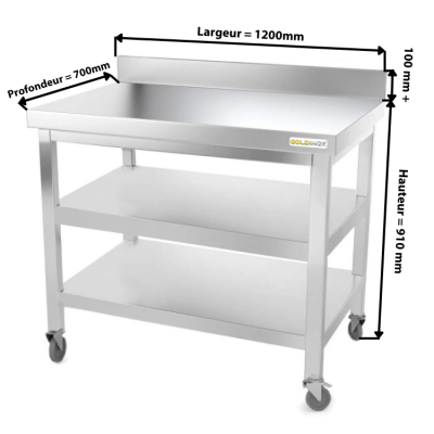 Table inox 1200 x 700 mm adossée avec 2 étagères sur roulettes / GOLDINOX