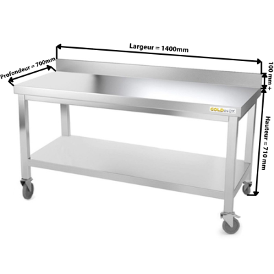 Table inox soubassement 1400 x 700 mm adossée sur roulettes / GOLDINOX 