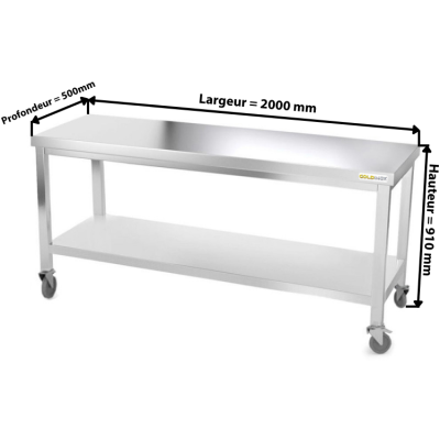 Table inox 2000 x 500 mm sur roulettes / GOLDINOX