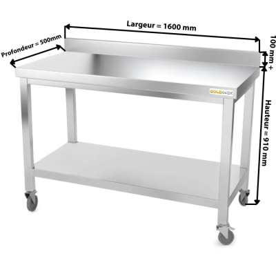Table inox 1600 x 500 mm adossée sur roulettes / GOLDINOX