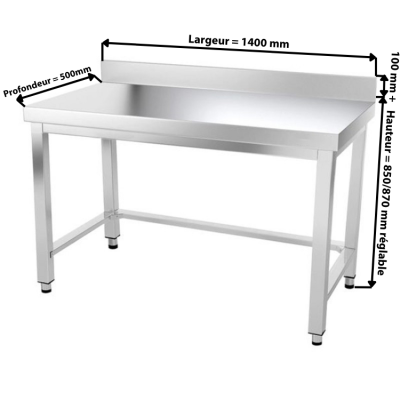 Table inox 1400 x 500 mm adossée avec renfort / GOLDINOX