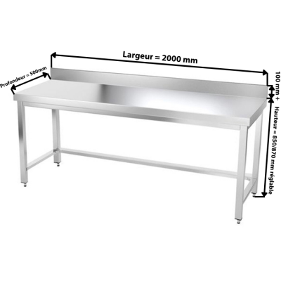 Table inox 2000 x 500 mm adossée avec renfort / GOLDINOX
