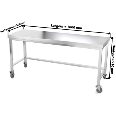 Table inox 1800 x 500 mm avec renfort sur roulettes / GOLDINOX