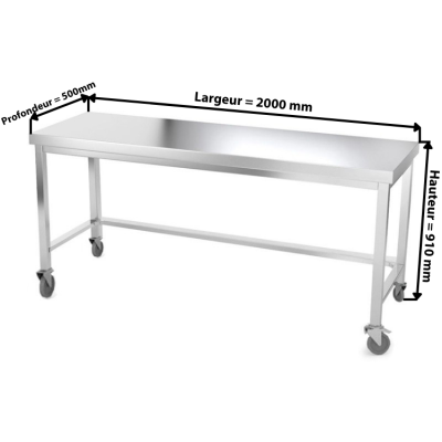 Table inox 2000 x 500 mm avec renfort sur roulettes / GOLDINOX
