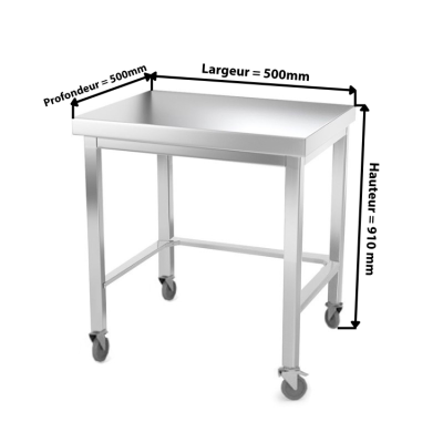 Table inox 500 x 500 mm avec renfort sur roulettes / GOLDINOX