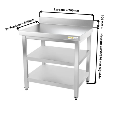 Table inox 700 x 500 mm adossée avec 2 étagères / GOLDINOX